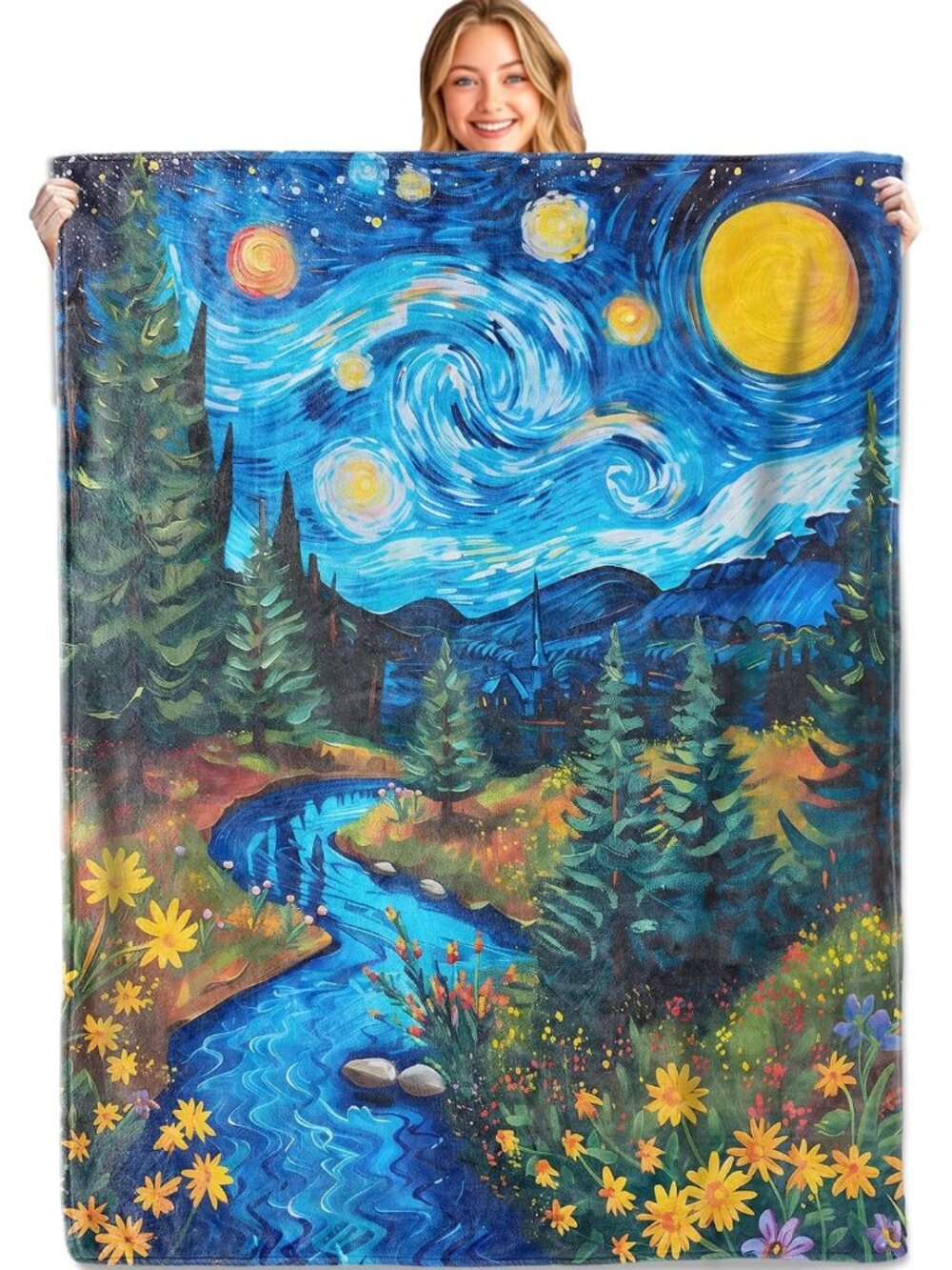 Fantasy Starry Forest River Throw Blanket, 50x60in, Soft Lightweight Flannel, Co